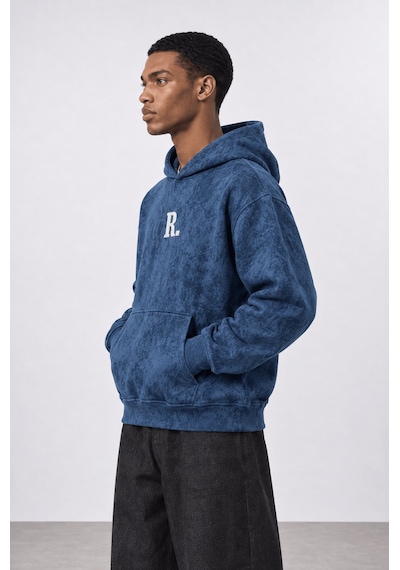 Respire Erkek Revere Nakışlı Yıkamalı Oversize Hoodie Lacivert