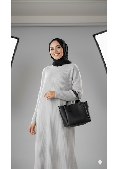 Sonbaharmoda Kadın Uzun Triko Elbise %100 Akrilik Bisiklet Yaka Rahat Ve Şık Kışlık Model Gri