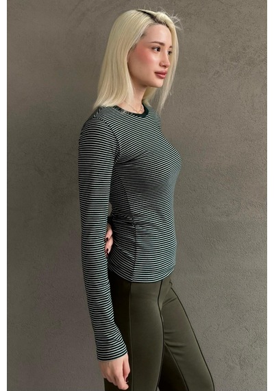 Yeşil Çizgili Uzun Kollu Kadın Body Mg2657 Yeşil