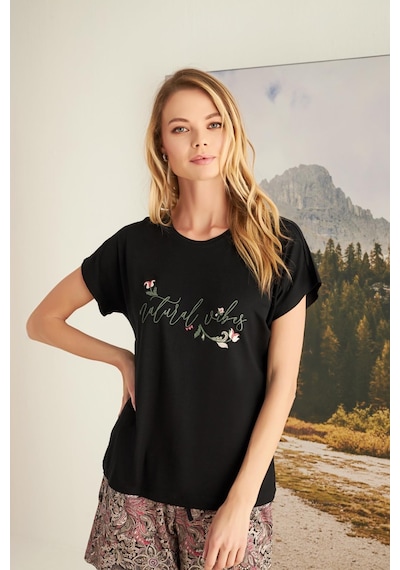 Monamise Kadın Yaprak Desenli Natural Vibes Şort Takımı 23172-siyah Siyah