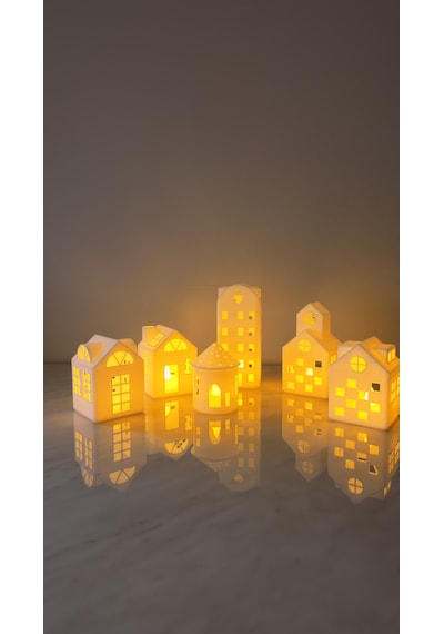 Işıklı Ev Biblo Seti / Dekoratif Işıklı Evler Beyaz