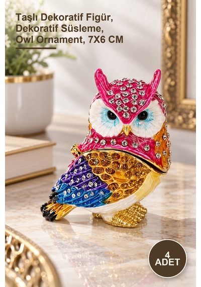4 Adet Taşlı Baykuş Figür Aksesuarı Taşlı Dekoratif Figür, Dekoratif Süsleme, Owl Ornament, 7x6 Cm