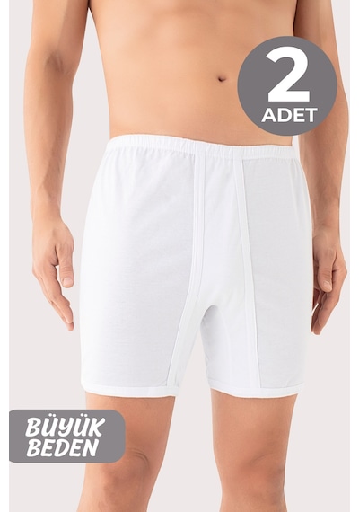 Arma Yıldız Büyük Beden Erkek Paçalı Külot Boxer 2'li Paket Beyaz %100 Pamuk Beyaz