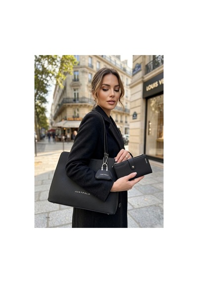 Just Polo Kadın Büyük Boy Premium Gümüş Logolu El Çantası Ve Cüzdanı Kombin Tote Bag Ebat : 22 X 34 Cm Siyah Kombin