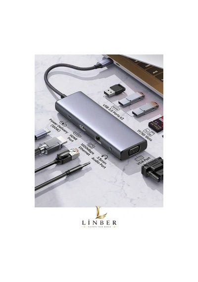 9 U 1 Arada Usb-c Hub 4k 60hz Hdmı Vga 3x Usb 3.0 Rj45 Sd Tf Kart Okuyucu 100w Pd