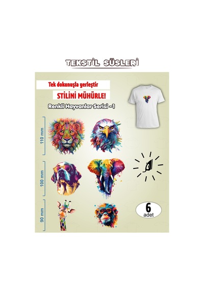 Ütü İle Yapışan Kıyafet Etiketi Renkli Hayvanlar Serisi -1 6lı Set Karışık