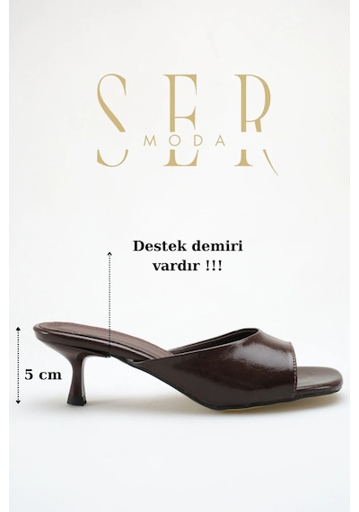 Sermoda Topuklu Kadın Terlik - 5 Cm İnce Topuklu Küt Burun Kadın Terlik Kahve Yanki