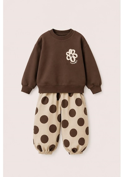 Magu Kız Çocuk Pamuklu Çiçek Baskılı Kahverengi Sweatshirt Ve Puantiyeli Eşofman Takımı Çok Renkli