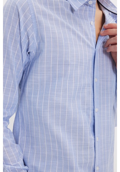 Tudors Erkek Slim Fit Dar Kesim Uzun Kollu %100 Pamuk Keten Doku Çizgili Gömlek-42647 Mavi
