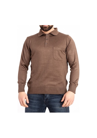 Nacar Store Erkek Ince Yün Triko Örgü Polo Yaka Düğmeli Baba Kazak Kahverengi