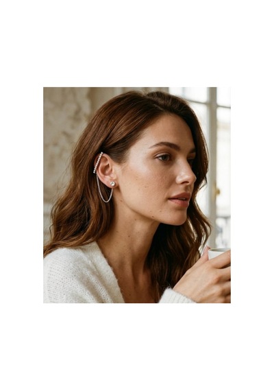 Lunarie Gümüş Zirkon Zincir Ear Cuff Küpe Modern Kararmaz