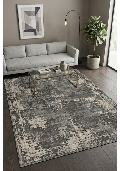 Gri Eskitme Desenli Dijital Baskı Halı, Modern Vintage Salon Ve Oturma Odası Halısı Çok Renkli