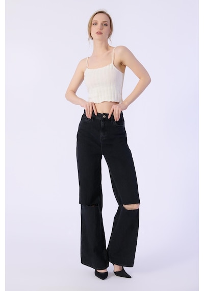 Yüksek Bel Wide Leg Dizler Lazerlı Jeans-siyah Siyah