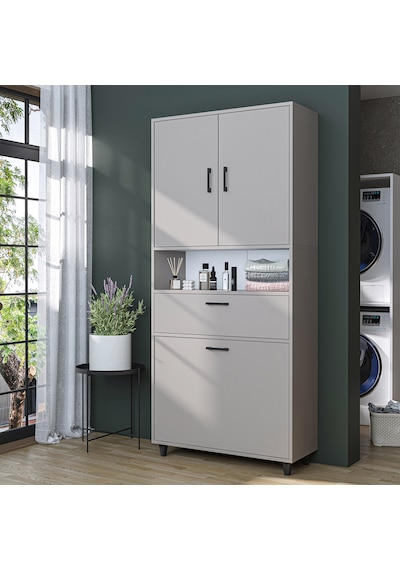 Çamaşır Sepetli Banyo Dolabı, Çok Amaçlı Çekmeceli Dolap 90 X 200 Cm Kumtaşı