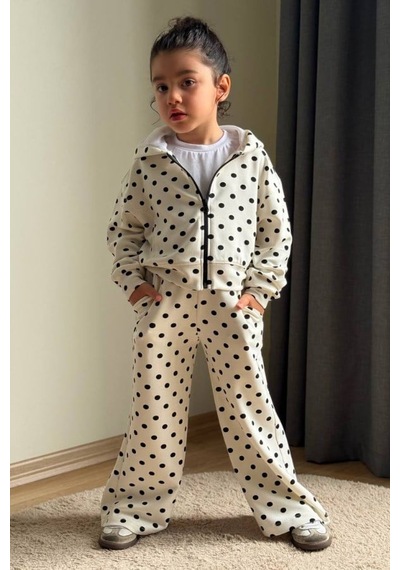 Boyboy Kidswear Kız Çocuk Puantiyeli Kapüşonlu Eşofman Takımı Ekru