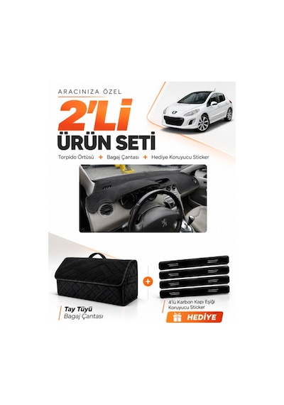 E-biz Peugeot 308 2008-2014 Uyumlu Torpido Örtüsü + Tay Tüyü Bagaj Çantası Seti - Siyah - Pe013