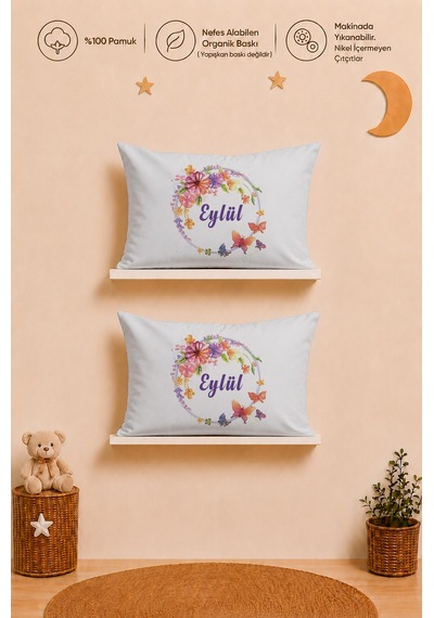 İsim Baskılı Kız Bebek Hediyesi 2'li 35x45 Pamuk Yastık Kılıfı Ve Ham Bez Bebek Kıyafet Kesesi 2058y2k0x