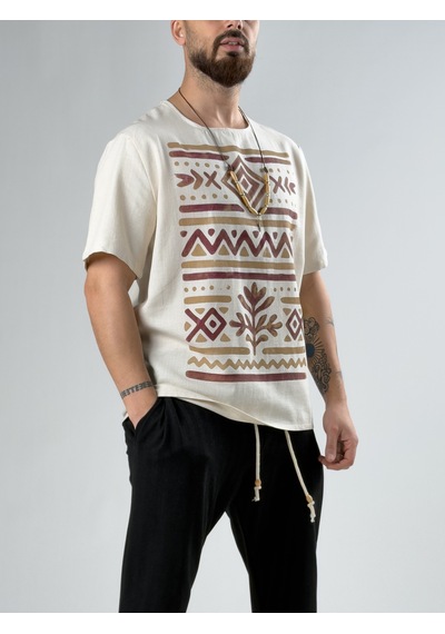 Cocopelli Bordo Etnik Tasarım Erkek T-shirt Coc2871 Bej