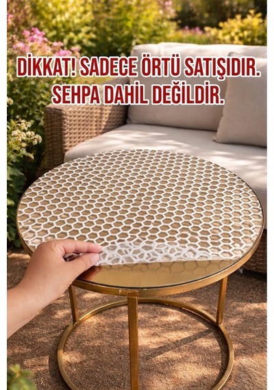 Yuvarlak Krem Pvc Şeffaf Petek Dantel Desenli Orta Sehpa Örtüsü Çeyizlik & Dekoratif
