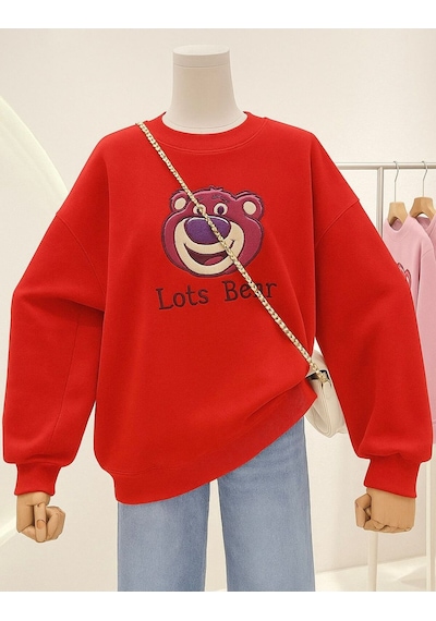 Benroma 3 İplik Penye Lost Bear Baskılı Unisex Sweatshırt Kırmızı
