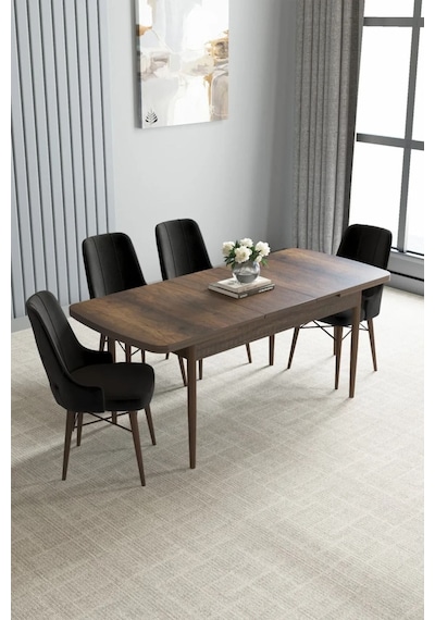 Zümra Serisi, Barok Ahşap Desen 80x132 Açılabilir Mdf Mutfak Masası Takımı 4 Adet Sandalye, Siyah Zümra Serisi, Barok Ahşap Desen 80x132 Açılabilir Mdf Mutfak Masası Takımı 4 Adet Sandalye, Siyah