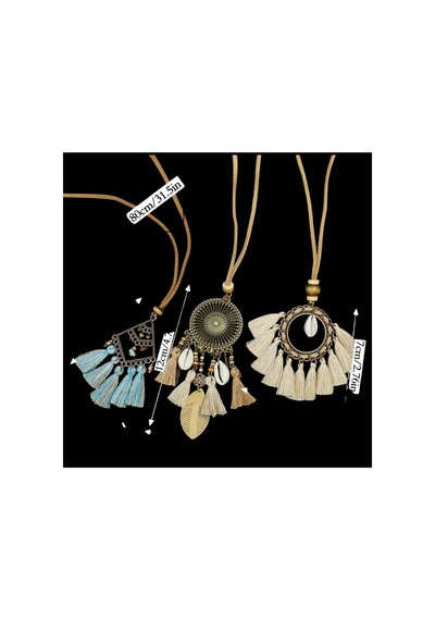 Yıwu Boho-chic 3 Parça Set: Vintage Esintili Püskül & Çiçek Kolye Ve Taşlı Aksesuarlar Kahverengi Tonları