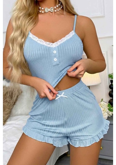 Merry See Dantelli Askılı Crop Üst Ve Fırfır Paça Mini Şortlu Pijama Takım Mavi