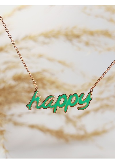 Keskin Gümüş Gümüş Mineli Happy Neon Yeşil Mutlu Trend Kadın Kolye