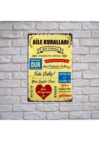 Aıle Kuralları Ahşap Duvar Ve Kapı Süsü- Retro Ahşap Pano 28 X 20