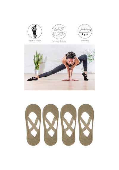 4 Adet Kadın Kaydırmaz Tabanlı Yoga Pilates Fitness Dans Ve Spor Çorabı Bej
