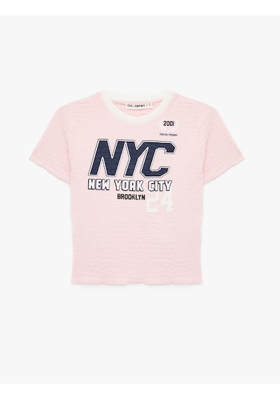 Koton Slim Fit Kısa Kollu Bisiklet Yaka Bürümcük Baskılı Tişört Pembe 6sal10013ık Gül