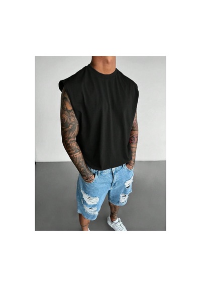 Thiff Erkek Oversize Kolsuz T-shirt Tişört Atlet Siyah