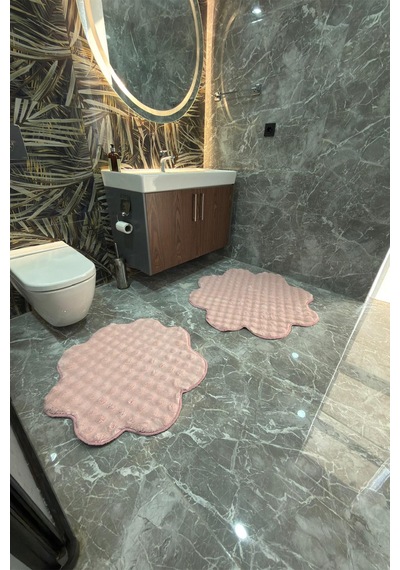 Bubble Papatya Banyo Paspası 2'li Set Pofuduk Yumuşak Peluş Kaymaz Taban Dekoratif Banyo Halısı Pembe