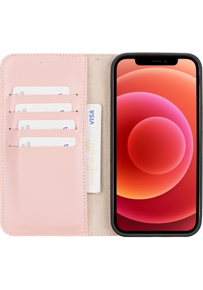 Plm Apple İphone 12 Pro Max Uyumlu Deri Cüzdanlı Kılıf Nu2 Pembe Acı Kahverengi