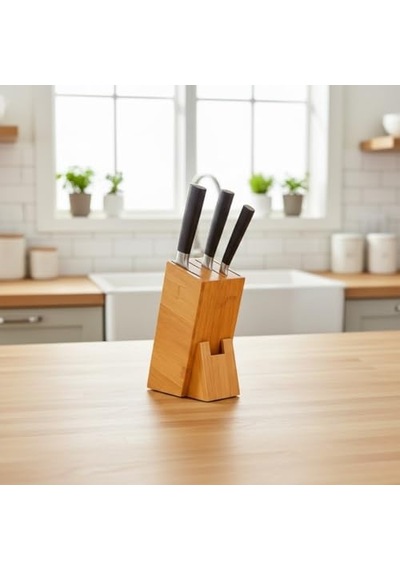 Bambu Ahşap Bıçak Standı 220 Mm Eğik Tasarım, Kaymaz Tabanlı, Çoklu Bıçak Yuvalı, Modern Ve Doğal Mutfak Düzenleyici 6999