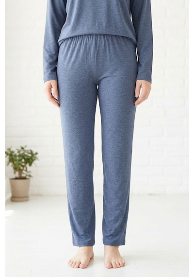 Aura Collections Kadın Dantelli Bambu Viskon Uzun Kollu Mevsimlik Soft Örme Pijama Takımı Lacivert