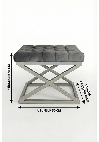 Nexus Babyface Kapitoneli Puf - Krom Metal X Ayaklı Modern Bench 50x40 Cm Antrasit