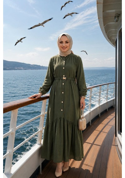 Hb Harma Time Butik Kadın Düğmeli Kemerli Çilek Kumaş Haki Elbise