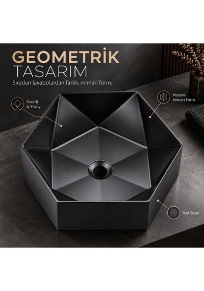 Alfas Aura Geometrik 44 Cm Pvd Mat Siyah Tezgah Üstü Çanak Lavabo Pvd 304 Paslanmaz Çelik