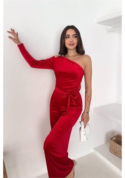 Neşeli Butik Kadın Kırmızı Kuşaklı Tek Omuz Kadife Kumaş Tulum Nbk068 Kırmızı