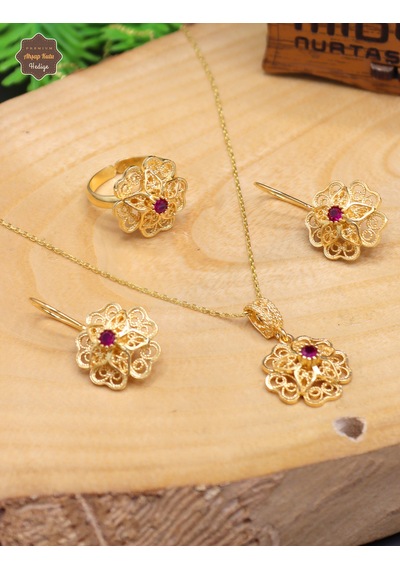 Yakut Taşlı Gül Model Kadın 925 Ayar Gümüş Telkari Üçlü Set 201025206 Gümüş