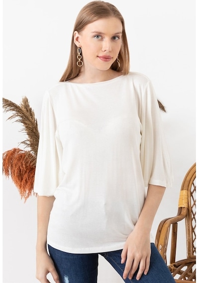 Aqe Fashion Kadın Beyaz Kolu Volanlı Kayık Yaka Bluz-Beyaz