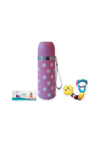 Dışarı Çıkış Seti 3 Parça: Sema Baby Termos + Prima Islak Mendil + Infantino Emzik Tutucu - Pembe
