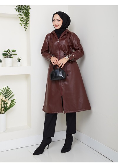 Hb Harma Time Butik Kadın Kapüşonlu Fermuarlı Şardonlu Deri Bordo Kap