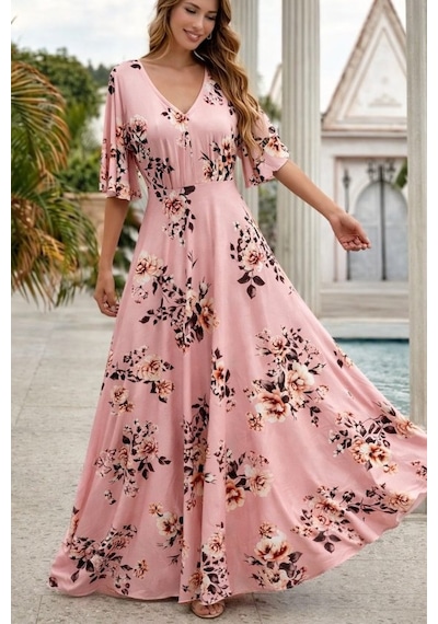 De'charme Kadın Kısa Kollu V Yakalı Desenli Süprem Elbise Pembe