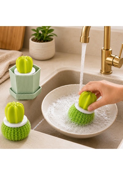 Kaktüs Tasarımlı Standlı Bulaşık Fırçası, Lavabo Tezgâh Ve Mutfak Temizleme Ovalama Fırçası, Yeşil, 1 Adet