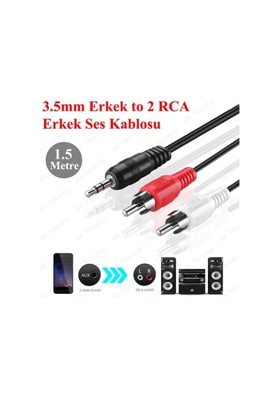 3.5 mm Erkek to 2 RCA Erkek Ses Kablosu - 1.5 Metre