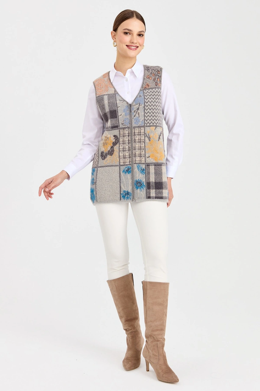 Desen Triko Kadın V Yaka Patchwork Yelek K.gri K.GRİ