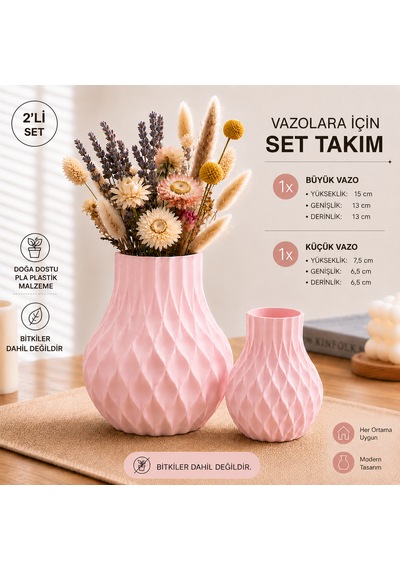 Modern Dekoratif Beyaz Vazo 15 Cm 3d Dokulu Çiçek Vazosu Pla Plastik Saksı Ve Kuru Çiçek Vazosu Ev Ofis Salon Dekoru Pembe