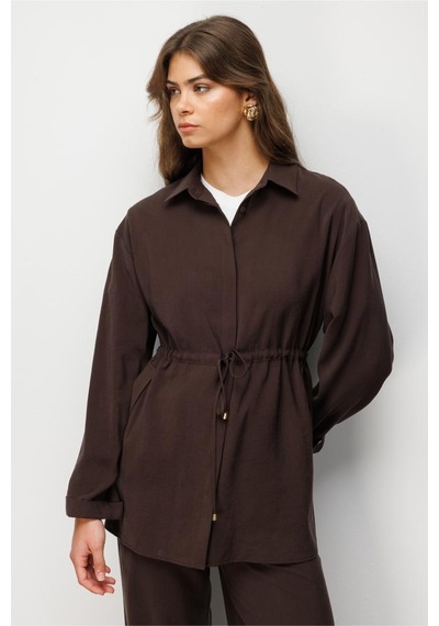 Mizalle Beli Büzgülü Modal Dokulu Kahverengi Tunik